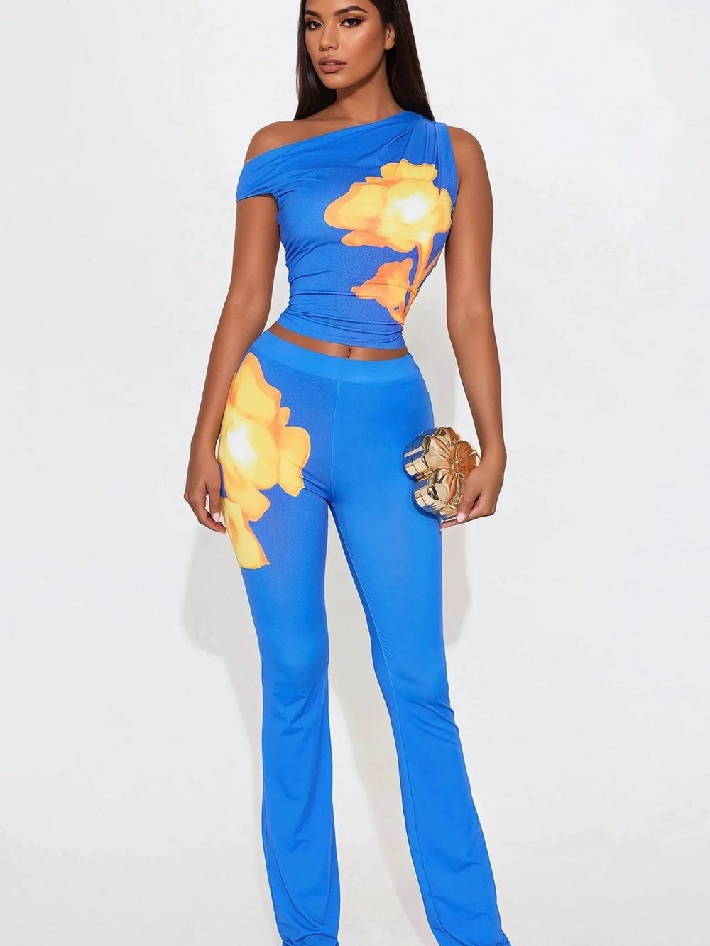 Blue Floral Off the Shoulder Two Piece Set